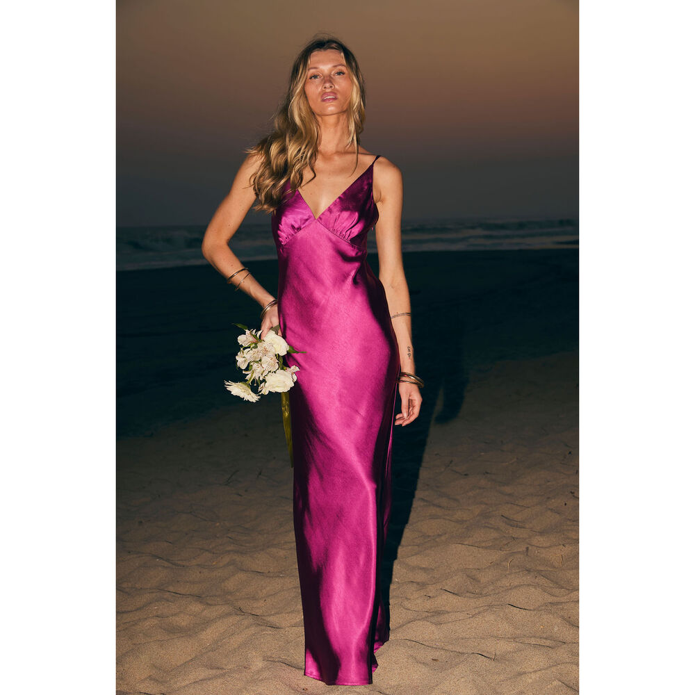 12th Tribe Mirabella Fuchsia Satin Maxi Dress Size S - Picture 1 of 6